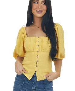 Aemi + Co Tops Canary Yellow Button Down Puff Sleeve Blouse 11 Aemi + Co Tops Canary Yellow Button Down Puff Sleeve Blouse
