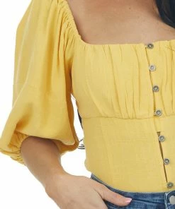 Aemi + Co Tops Canary Yellow Button Down Puff Sleeve Blouse 15 Aemi + Co Tops Canary Yellow Button Down Puff Sleeve Blouse