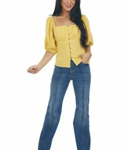 Aemi + Co Tops Canary Yellow Button Down Puff Sleeve Blouse 12 Aemi + Co Tops Canary Yellow Button Down Puff Sleeve Blouse
