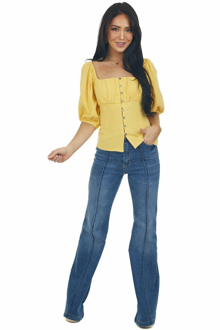 Aemi + Co Tops Canary Yellow Button Down Puff Sleeve Blouse 6 Aemi + Co Tops Canary Yellow Button Down Puff Sleeve Blouse