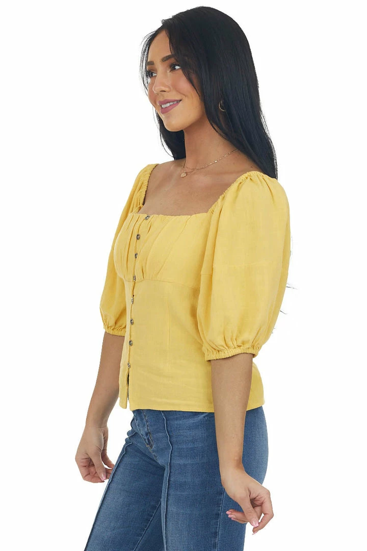 Aemi + Co Tops Canary Yellow Button Down Puff Sleeve Blouse 7 Aemi + Co Tops Canary Yellow Button Down Puff Sleeve Blouse