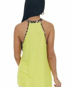 Haptics Canary Yellow Halter Top With Leopard Contrast Tops