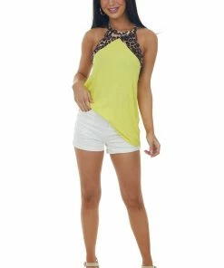 Haptics Canary Yellow Halter Top With Leopard Contrast Tops