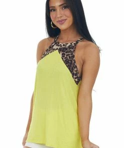 Haptics Canary Yellow Halter Top With Leopard Contrast Tops