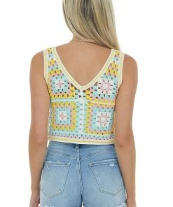 En Creme Canary Yellow Multicolor Crochet Tank Top