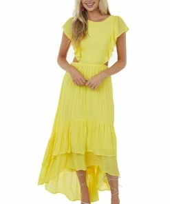 Flying Tomato Canary Yellow Side Cut Out High Low Woven Dress Dresses