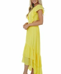 Flying Tomato Canary Yellow Side Cut Out High Low Woven Dress Dresses