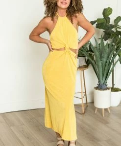 FSL APPAREL Dresses Canary Yellow Knot Twist Halter Neck Midi Dress