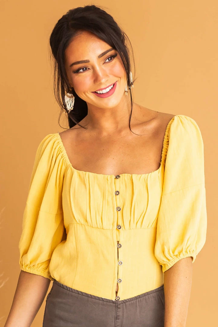 Aemi + Co Tops Canary Yellow Button Down Puff Sleeve Blouse 3 Aemi + Co Tops Canary Yellow Button Down Puff Sleeve Blouse