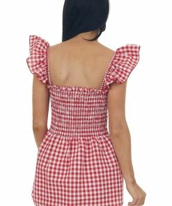 Lovely Melody Tops Candy Apple Red Gingham Sleeveless Smocked Blouse
