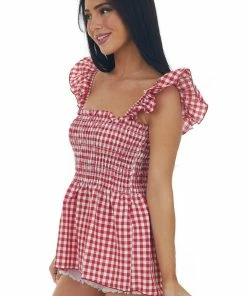 Lovely Melody Tops Candy Apple Red Gingham Sleeveless Smocked Blouse