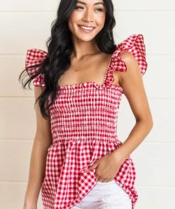 Lovely Melody Tops Candy Apple Red Gingham Sleeveless Smocked Blouse
