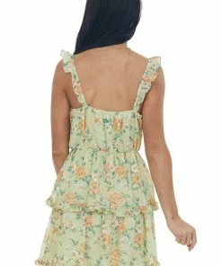 Lush Clothing Sage Floral Sleeveless Ruffle Dress