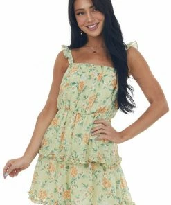 Lush Clothing Sage Floral Sleeveless Ruffle Dress