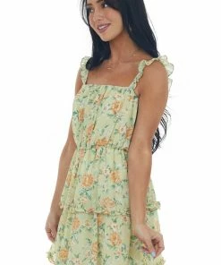Lush Clothing Sage Floral Sleeveless Ruffle Dress