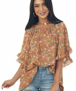 Fantastic Fawn Caramel Floral Print Half Sleeve Flowy Blouse