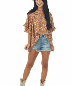 Fantastic Fawn Caramel Floral Print Half Sleeve Flowy Blouse