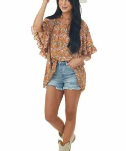 Fantastic Fawn Caramel Floral Print Half Sleeve Flowy Blouse