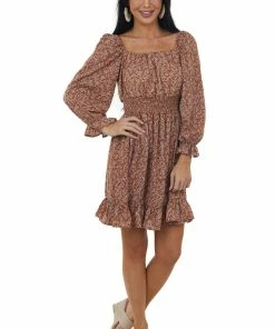 She + Sky Caramel Printed Long Bubble Sleeve Short Dress Dresses