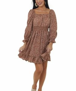 She + Sky Caramel Printed Long Bubble Sleeve Short Dress Dresses
