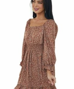 She + Sky Caramel Printed Long Bubble Sleeve Short Dress Dresses