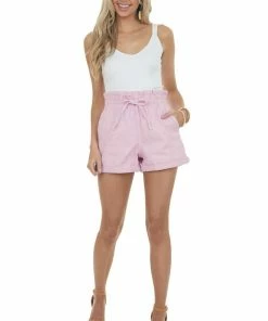Style Melody Bottoms Carnation Paper Bag Elastic Waist Denim Shorts