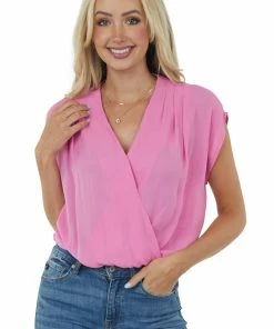 Kori America Carnation Pink Surplice Blouson Woven Bodysuit