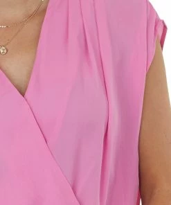 Kori America Carnation Pink Surplice Blouson Woven Bodysuit