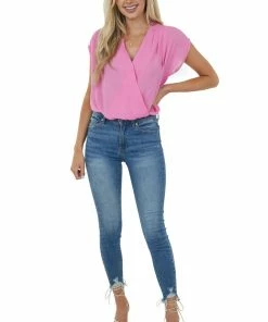 Kori America Carnation Pink Surplice Blouson Woven Bodysuit