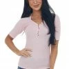 Ces Femme Tops Carnation Ribbed Henley V Neck Button Up Top