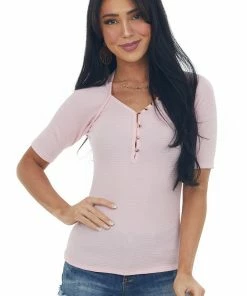 Ces Femme Tops Carnation Ribbed Henley V Neck Button Up Top
