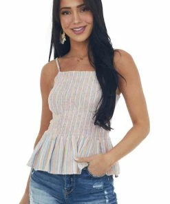 ANGIE Tops Carnation Striped Smocked Woven Peplum Tank Top