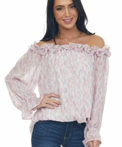 Jodifl Tops Carnation Watercolor Ruffle Off Shoulder Top