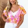Staccato Carnation Floral Short Sleeve Surplice Blouse Tops