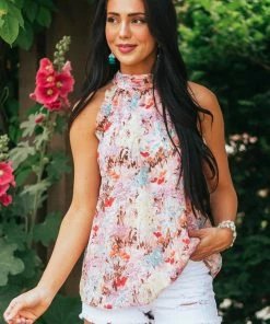 Davi & Dani Carnation Multi Floral Halter Back Tie Blouse