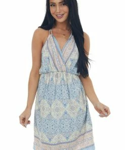 SugarFox Chambray Printed V Neck Short Dress With Pockets