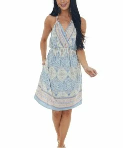 SugarFox Chambray Printed V Neck Short Dress With Pockets