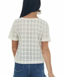 Cozy Co. Champagne Crochet Lace Short Sleeve Woven Top Tops
