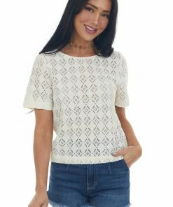 Cozy Co. Champagne Crochet Lace Short Sleeve Woven Top Tops