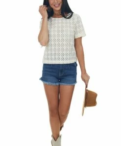 Cozy Co. Champagne Crochet Lace Short Sleeve Woven Top Tops