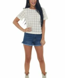 Cozy Co. Champagne Crochet Lace Short Sleeve Woven Top Tops