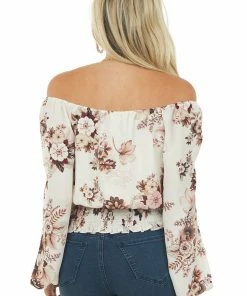 Vanilla Bay Tops Champagne Floral Off The Shoulder Smocked Blouse 12 Vanilla Bay Tops Champagne Floral Off The Shoulder Smocked Blouse