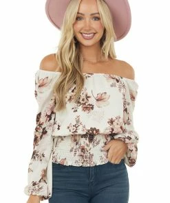 Vanilla Bay Tops Champagne Floral Off The Shoulder Smocked Blouse