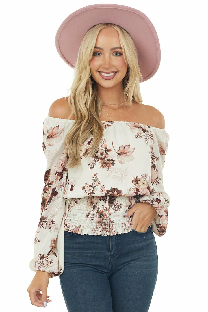 Vanilla Bay Tops Champagne Floral Off The Shoulder Smocked Blouse 3 Vanilla Bay Tops Champagne Floral Off The Shoulder Smocked Blouse