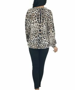BiBi Tops Champagne Leopard Print Crochet Lace Knit Top