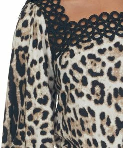 BiBi Tops Champagne Leopard Print Crochet Lace Knit Top