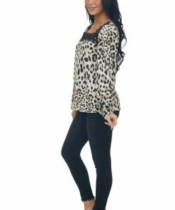 BiBi Tops Champagne Leopard Print Crochet Lace Knit Top