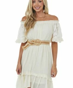 Umgee Champagne Off Shoulder Bell Sleeve Short Dress