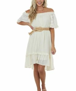 Umgee Champagne Off Shoulder Bell Sleeve Short Dress