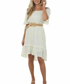 Umgee Champagne Off Shoulder Bell Sleeve Short Dress